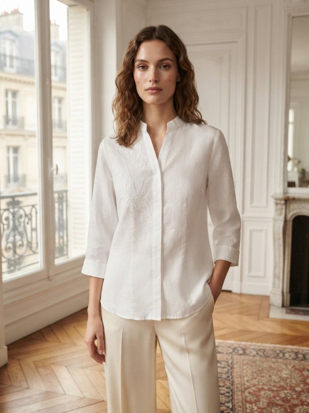 Ecologie White 109% Linen 3/4 Sleeve Mandarin Collar Shirt Size Medium